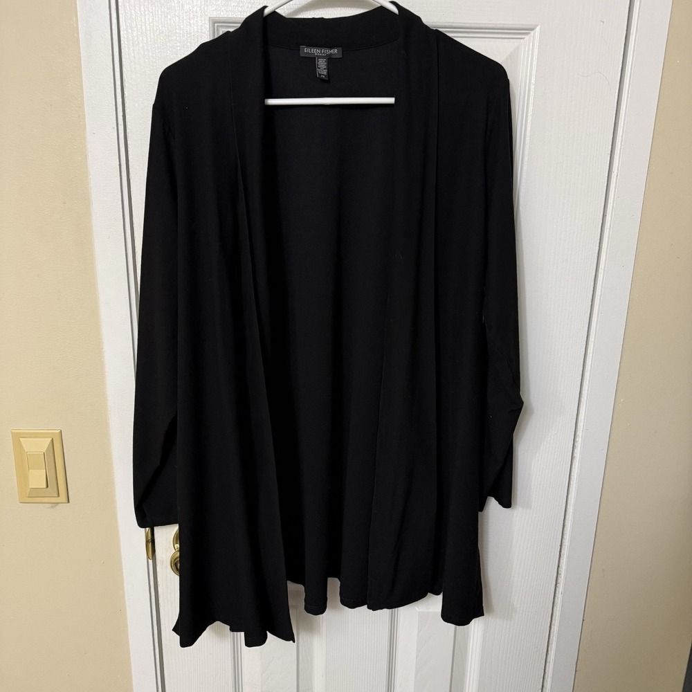 EILEEN FISHER WOMAN BLACK OPEN FRONT JERSEY KNIT STRETCH CARDIGAN 2X VISCOSE